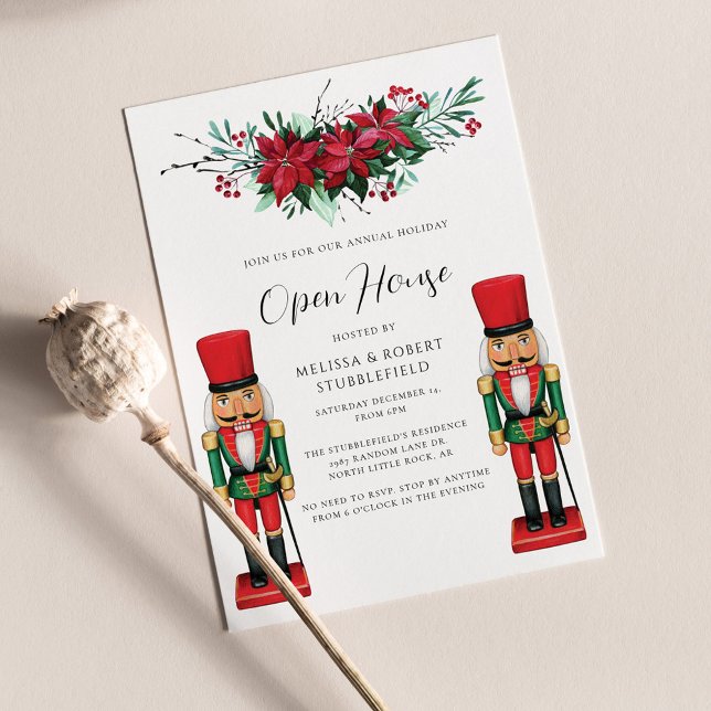 Christmas Open House Poinsettia Toy Nutcracker Einladung (Open House Botanical Christmas Party Invitation)