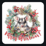 Christmas Opossum Berries Holly Verlasse Quadratischer Aufkleber<br><div class="desc">Christmas Opossum Berries Holly Blätter Square Sticker</div>