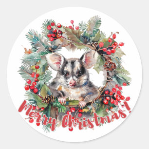 Christmas Opossum Berries Holly Verlasse Runder Aufkleber