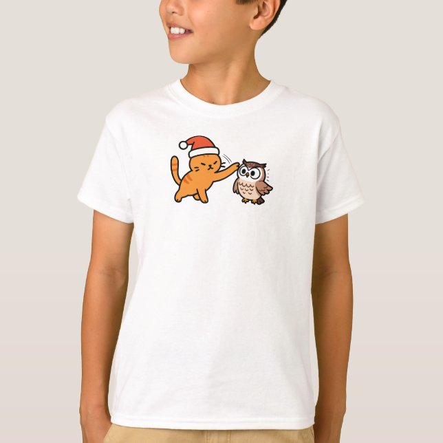 Christmas Orange Cat and Owl T-Shirt (Vorderseite)