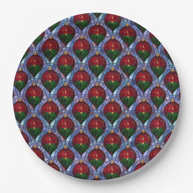 Christmas Ornament Red Green Blue Stained Glass  Pappteller (Vorderseite)
