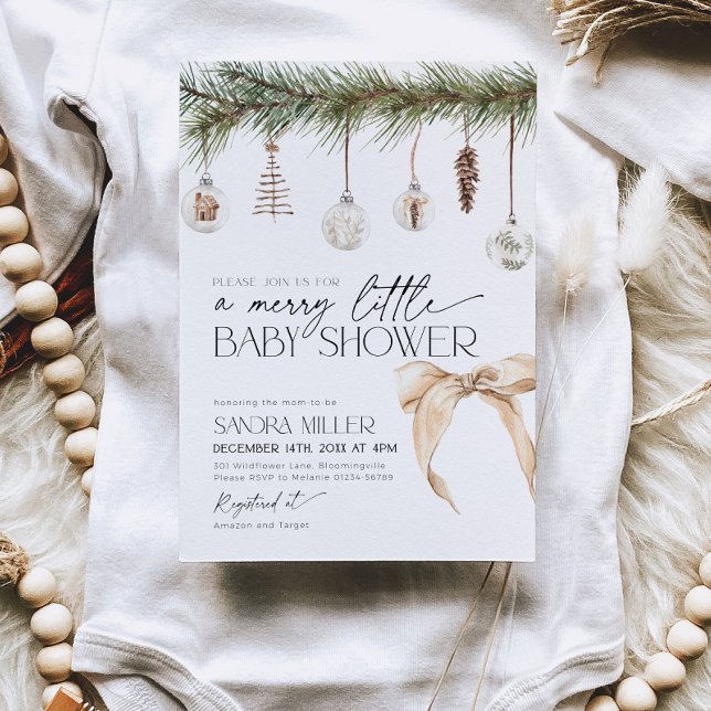 Christmas Ornaments and Neutral Bow Baby Shower Einladung (Von Creator hochgeladen)