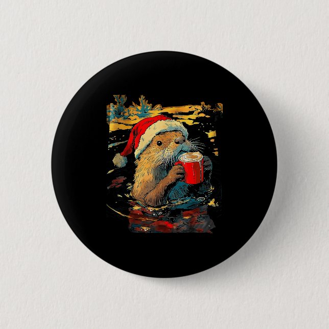 Christmas Otter Drinks Coffee Art Print  Button (Vorderseite)