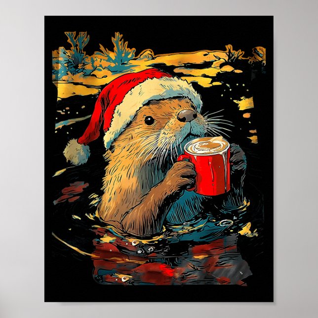 Christmas Otter Drinks Coffee Art Print  Poster (Vorne)