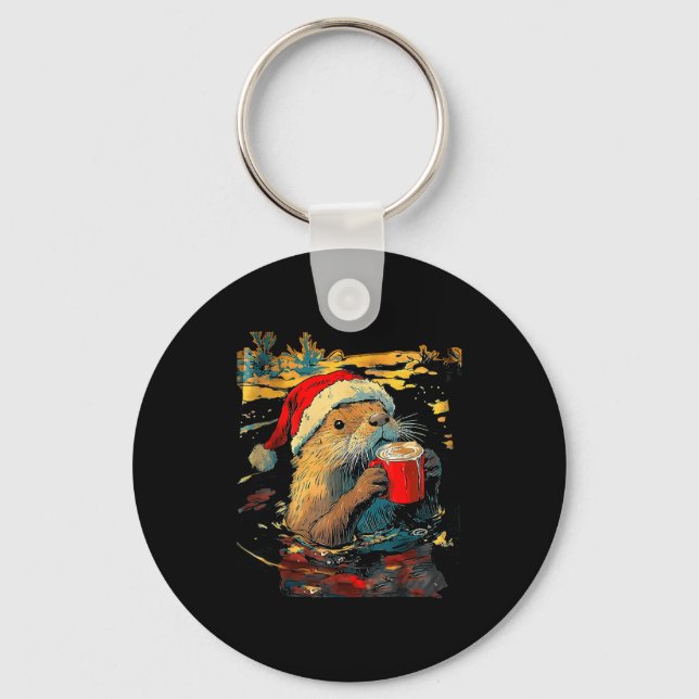 Christmas Otter Drinks Coffee Art Print  Schlüsselanhänger (Vorderseite)