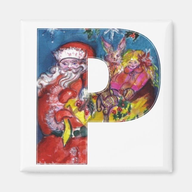 CHRISTMAS P LETTER  / SANTA  WITH GIFTS MONOGRAM MAGNET (Vorne)