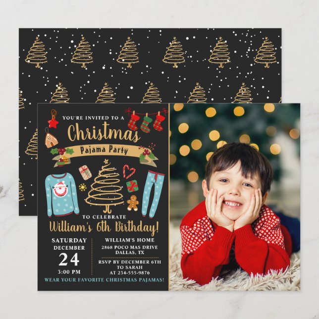 Christmas Pajama Party Boy Birthday Foto Einladung (Vorne/Hinten)