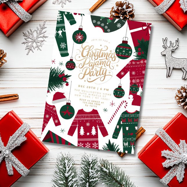 Christmas Pajama Party Classic Red Green Einladung (Von Creator hochgeladen)