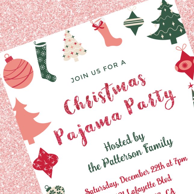 Christmas Pajama Party Glitzer niedliche Illustrat Einladung (Von Creator hochgeladen)