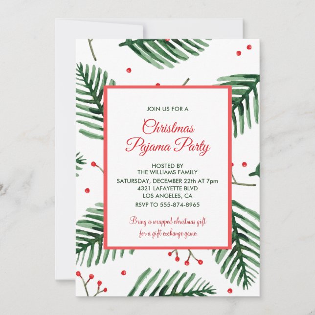 Christmas Pajama Party Slumber Elegante Evergreen Einladung (Vorderseite)
