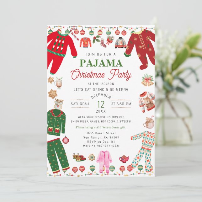 Christmas Pajama Party Watercolor Moderne Einladung (Stehend Vorderseite)