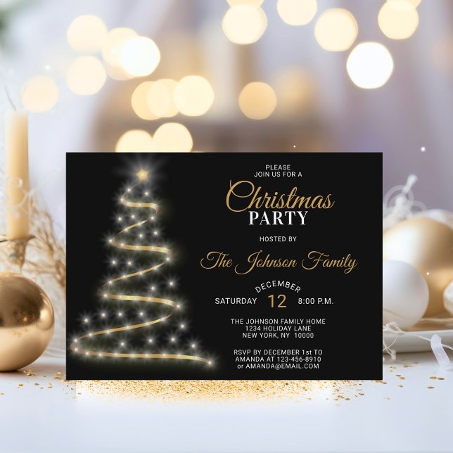 CHRISTMAS PARTY Black Gold Glitzer Stars Tree Einladung (CHRISTMAS PARTY Black Gold Glitter Stars Tree Invitation)