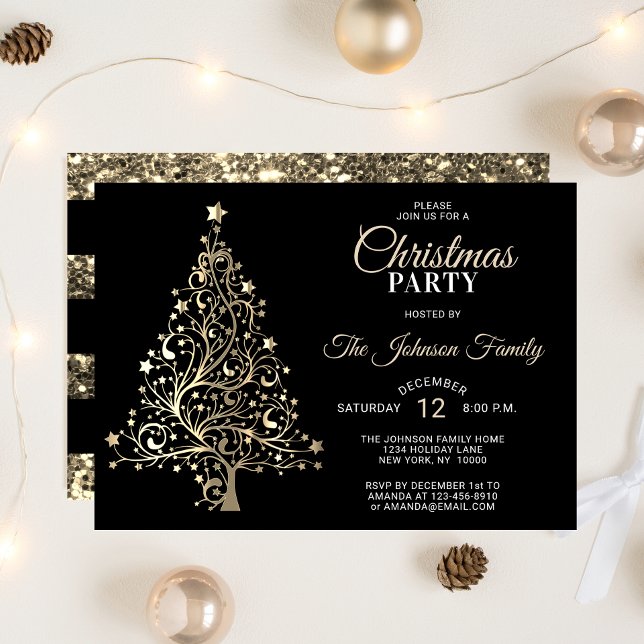 CHRISTMAS PARTY Black Gold Glitzer Tree Einladung (CHRISTMAS PARTY Black Gold Glitter Tree Invitation)
