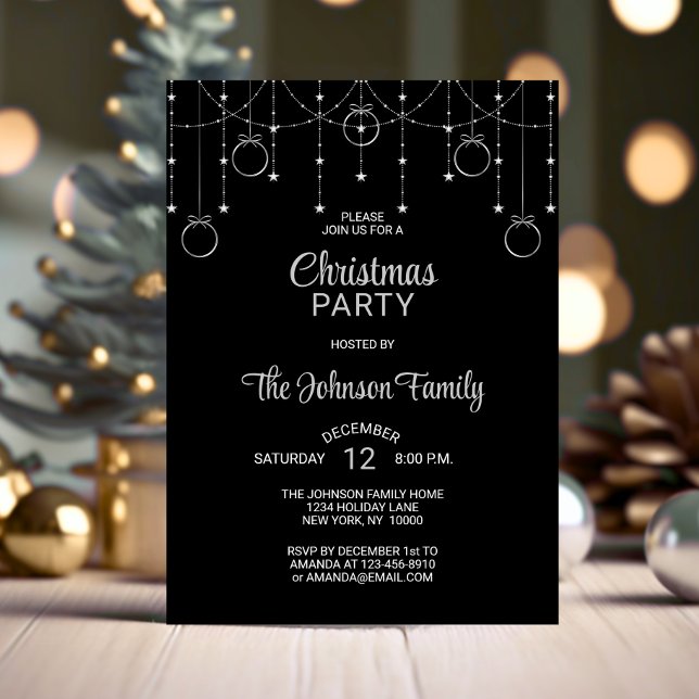 CHRISTMAS PARTY Black Silver Glitzer Stars Einladung (CHRISTMAS PARTY Black Silver Glitter Stars Invitation)