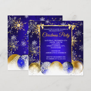 Christmas Party Blue Gold Bauble Snowflake Einladung