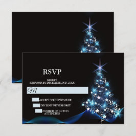 Christmas Party Blue Shiny Tree Black Elegant RSVP Karte
