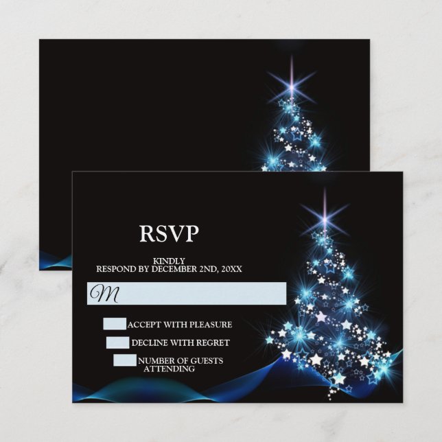 Christmas Party Blue Shiny Tree Black Elegant RSVP Karte (Vorne/Hinten)