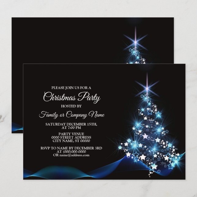 Christmas Party Blue Shiny Tree Black Elegante Einladung (Vorne/Hinten)