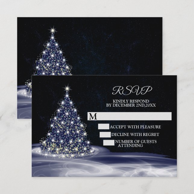 Christmas Party Blue Shiny Tree Winter Navy RSVP Karte (Vorne/Hinten)