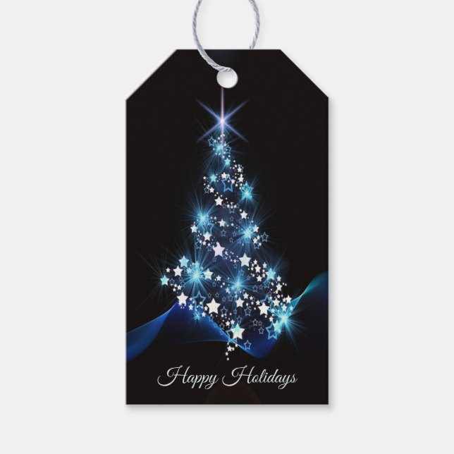 Christmas Party Blue Tree Shiny Black Elegant Geschenkanhänger (Vorderseite)