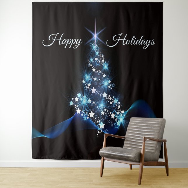 Christmas Party Blue Tree Shiny Black Elegant Wandteppich (Beispiel)