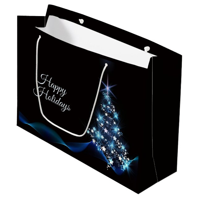Christmas Party Blue Tree Shiny Black Elegante Große Geschenktüte (Vorderseite Schrägansicht)