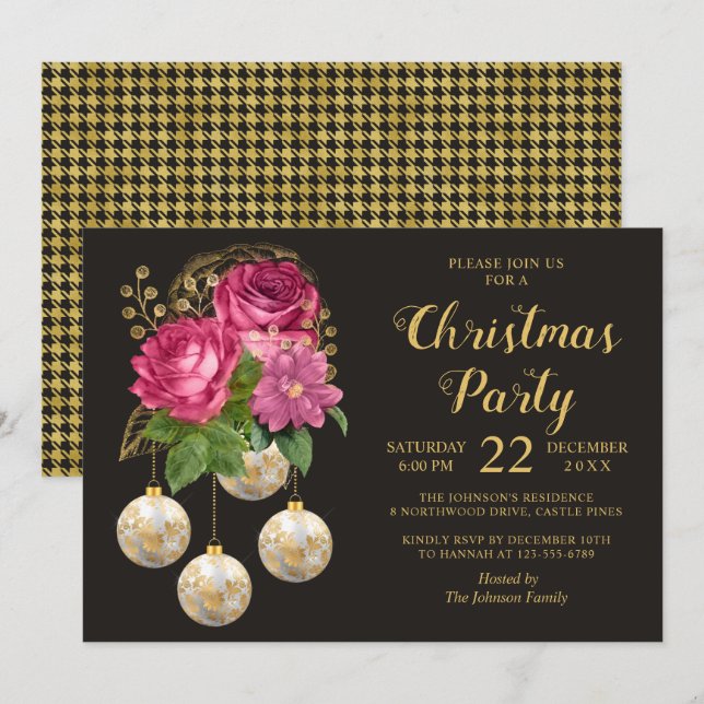 Christmas Party Chic Floral Bauble Bouquet Einladung (Vorne/Hinten)