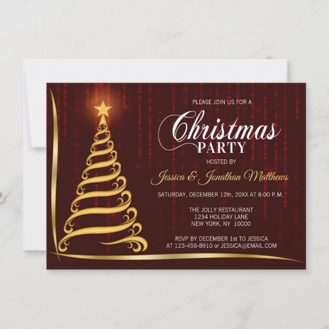 CHRISTMAS PARTY Dark Red Gold Twinkle Lights Tree Einladung (Vorderseite)