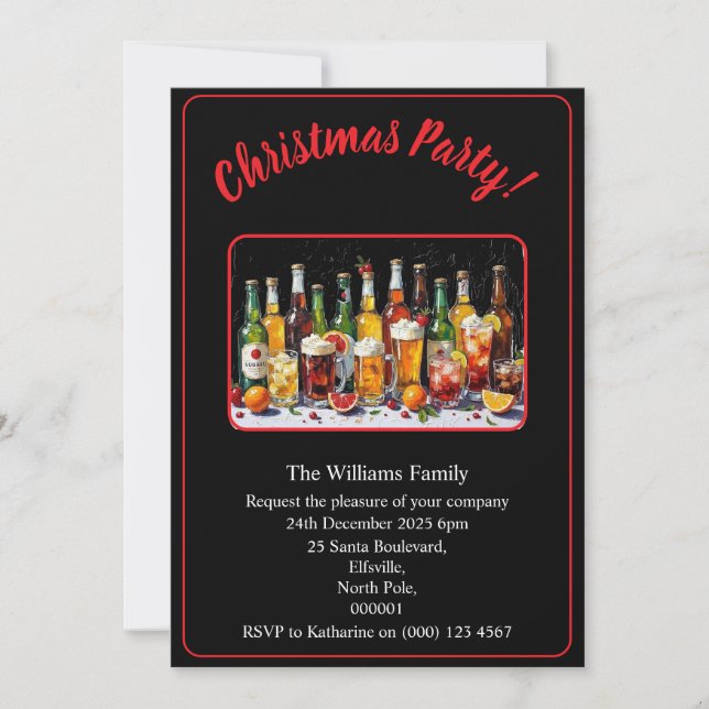 Christmas Party Drinks And Cocktails Xmas Black Einladung (Vorderseite)
