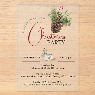 CHRISTMAS PARTY EINLADUNG, PINE CONE & CANDY CANE ACRYLEINLADUNGEN