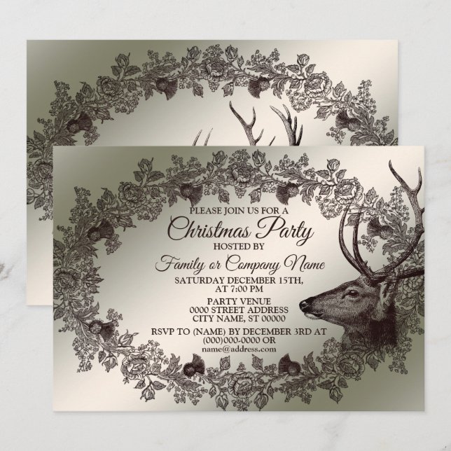 Christmas Party Floral Reindeer Golden Winter Einladung (Vorne/Hinten)
