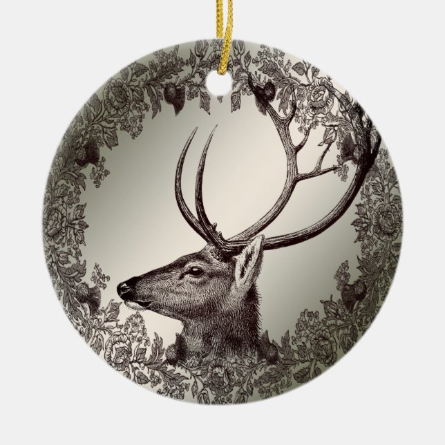 Christmas Party Floral Reindeer Golden Winter Keramik Ornament (Vorne)
