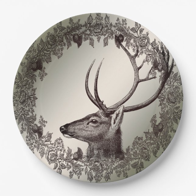Christmas Party Floral Reindeer Golden Winter Pappteller (Vorderseite)