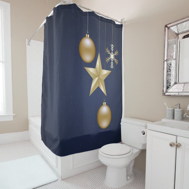 Christmas Party Golden Ornament Navy Blue Elegant Duschvorhang (Beispiel)