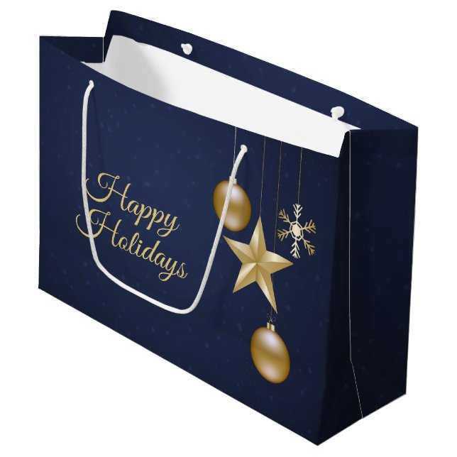 Christmas Party Golden Ornament Navy Blue Elegant Große Geschenktüte (Vorderseite Schrägansicht)