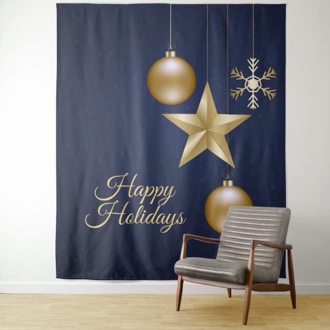 Christmas Party Golden Ornament Navy Blue Elegant Wandteppich (Beispiel)