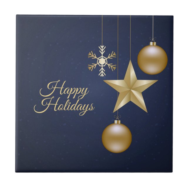 Christmas Party Golden Ornaments Navy Blue Elegant Fliese (Vorderseite)