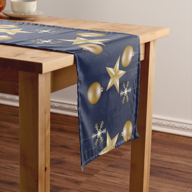 Christmas Party Golden Ornaments Navy Blue Elegant Kurzer Tischläufer (Beispiel)