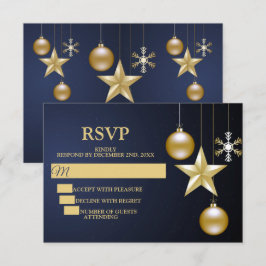 Christmas Party Golden Ornaments Navy Blue Elegant RSVP Karte