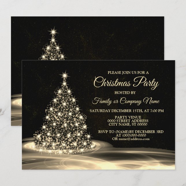 Christmas Party Golden Shiny Tree Winter Black Einladung (Vorne/Hinten)