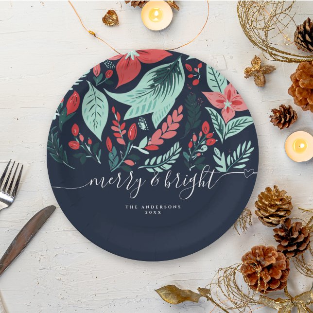 Christmas Party Holiday Blue Botanical Floral  Pappteller (Von Creator hochgeladen)