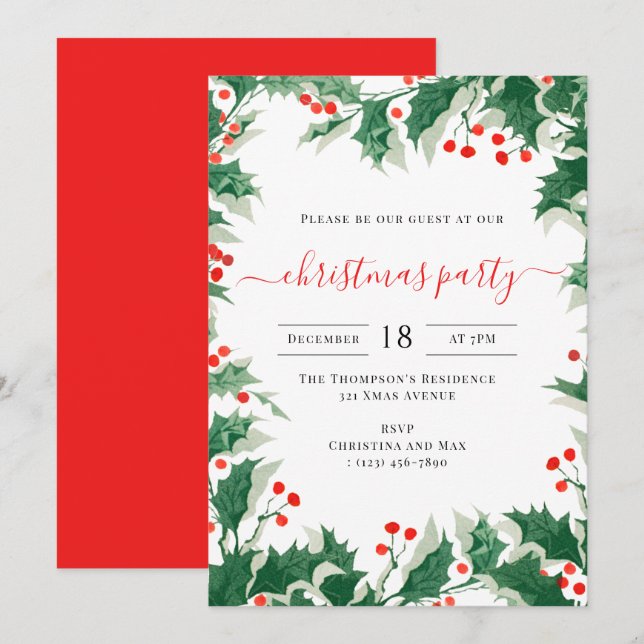 Christmas Party Holiday Watercolor Holly Berries Einladung (Vorne/Hinten)