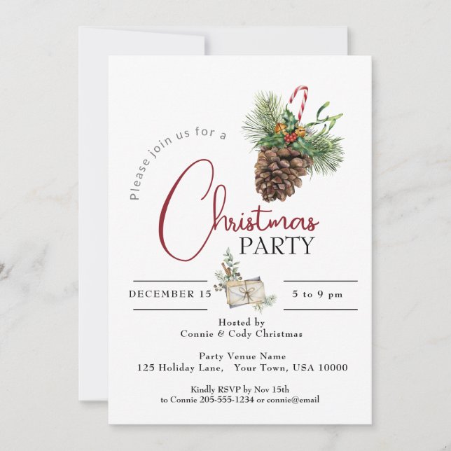 CHRISTMAS PARTY INVITATION, PINE CONE & CANDY CANE EINLADUNG (Vorderseite)