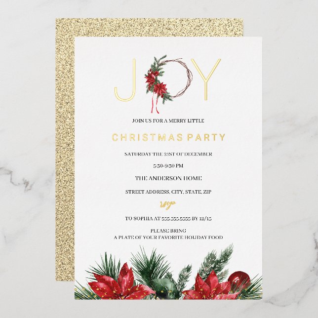 Christmas Party Joy Foliage Wreath Folieneinladung (Vorderseite/Rückseite)