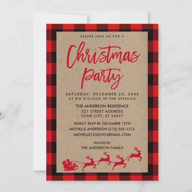 Christmas Party Kraft Red Tartan Einladung (Vorderseite)