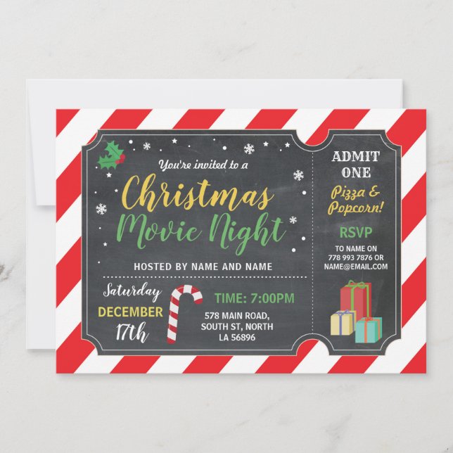 Christmas Party Movie Night Film Ticket Holly Fun Einladung (Vorderseite)