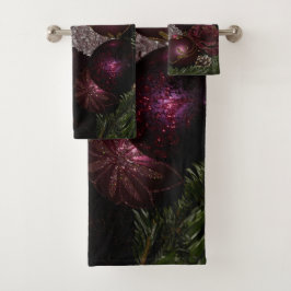 Christmas Party Pink Ornament Green Leaves Black Badhandtuch Set