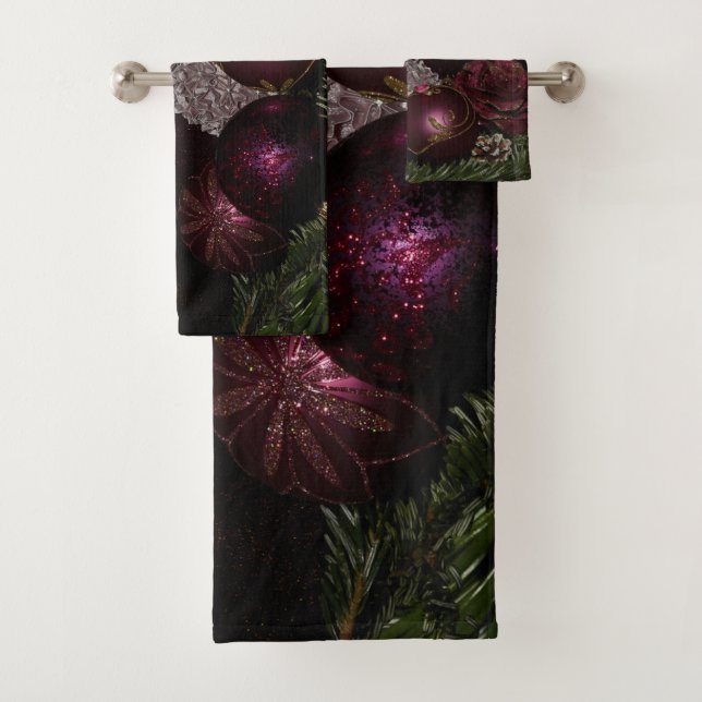Christmas Party Pink Ornament Green Leaves Black Badhandtuch Set (Insitu)
