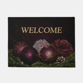 Christmas Party Pink Ornament Green Leaves Black Fußmatte