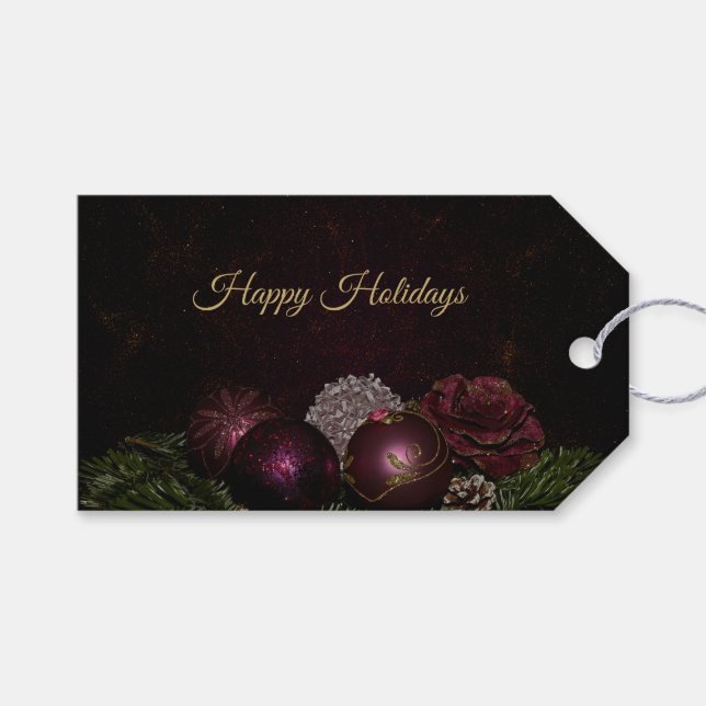 Christmas Party Pink Ornament Green Leaves Black Geschenkanhänger (Vorderseite (Horizontal))